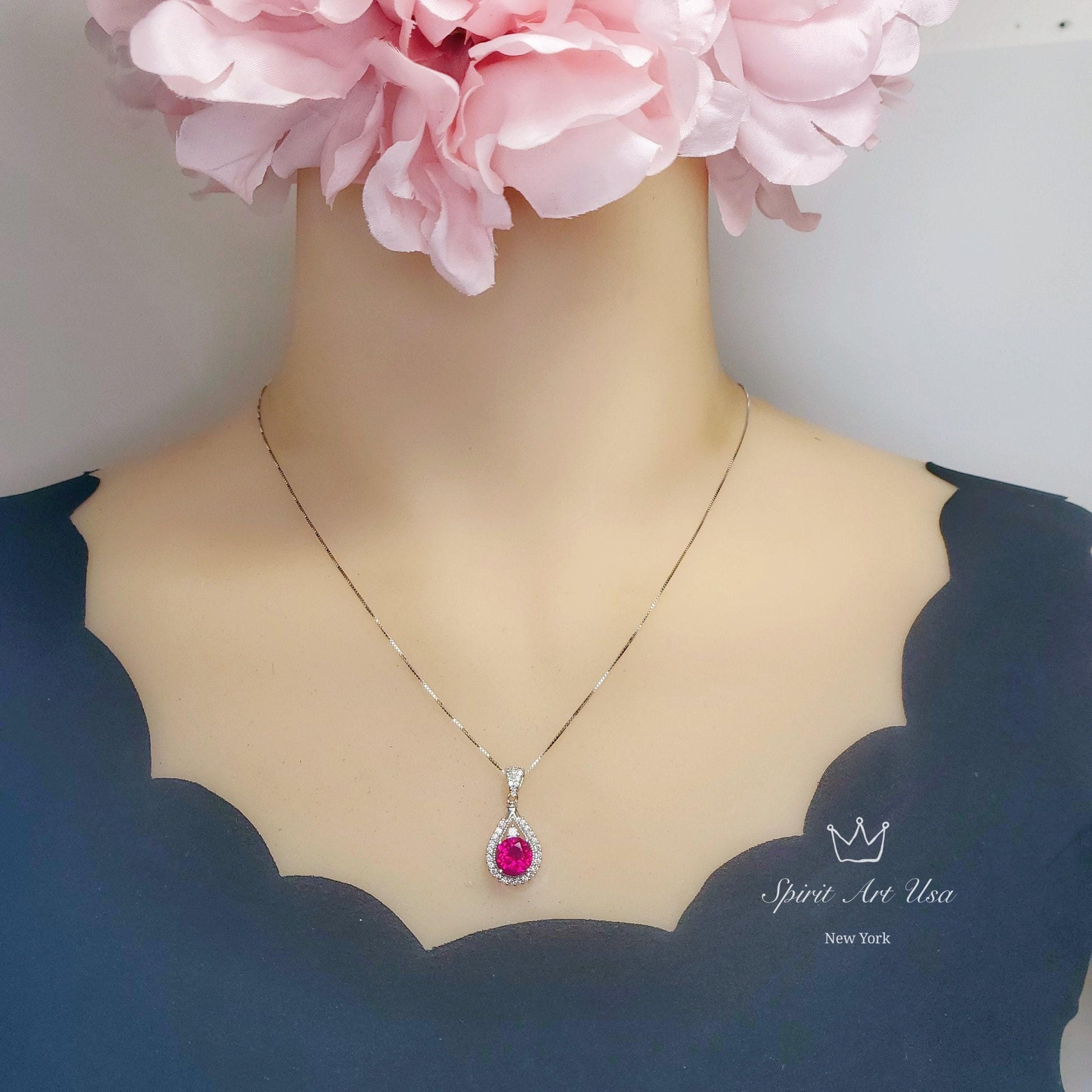 2.1 Ct Ruby Necklace - White Gold plated Sterling Silver Teardrop Created Red Gemstone Pendant Gemstone Halo Solitaire July Birthstone #153