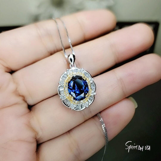 Royal Flower Blue Sapphire Necklace - Sterling Silver 3.5 CT Blue Sapphire Pendant - Large Diamond Flower Solitaire Blue Sapphire 1092