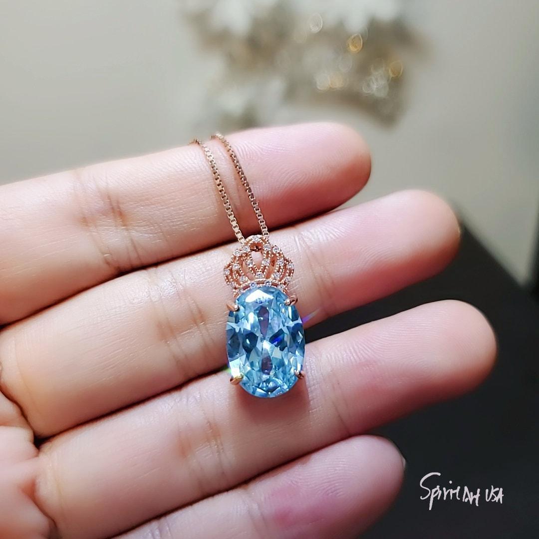 7 CT Aquamarine Necklace Gemstone Crown Rose Gold Sterling Silver Blue Gemstone Pendant Large Oval March Birthstone Solitaire Halo 800