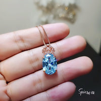 7 CT Aquamarine Necklace Gemstone Crown Rose Gold Sterling Silver Blue Gemstone Pendant Large Oval March Birthstone Solitaire Halo 800