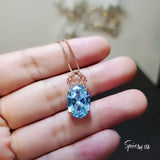 7 CT Aquamarine Necklace Gemstone Crown Rose Gold Sterling Silver Blue Gemstone Pendant Large Oval March Birthstone Solitaire Halo 800