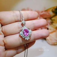 2 CT Pink Tourmaline Necklace - Royal Flower Pendant - Large Oval Fuchsia Gemstone Sterling Silver - 18KGP - Pink Tourmaline Pendant #663