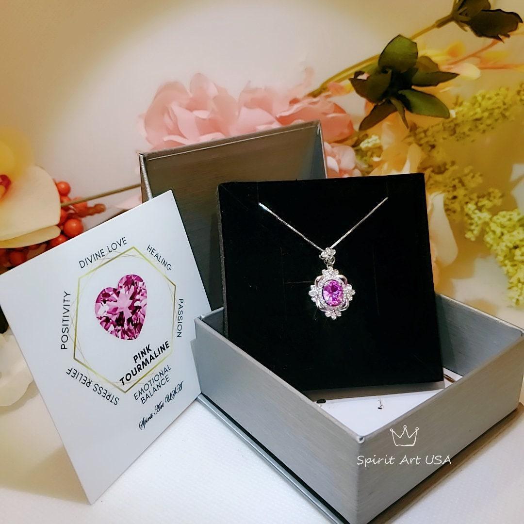 2 CT Pink Tourmaline Necklace - Royal Flower Pendant - Large Oval Fuchsia Gemstone Sterling Silver - 18KGP - Pink Tourmaline Pendant #663