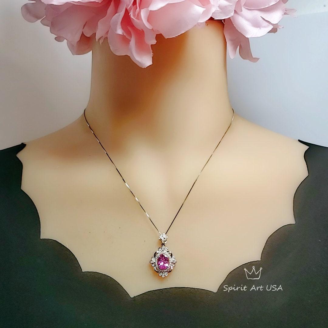 2 CT Pink Tourmaline Necklace - Royal Flower Pendant - Large Oval Fuchsia Gemstone Sterling Silver - 18KGP - Pink Tourmaline Pendant #663