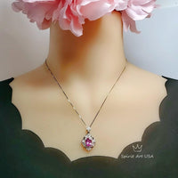 2 CT Pink Tourmaline Necklace - Royal Flower Pendant - Large Oval Fuchsia Gemstone Sterling Silver - 18KGP - Pink Tourmaline Pendant #663