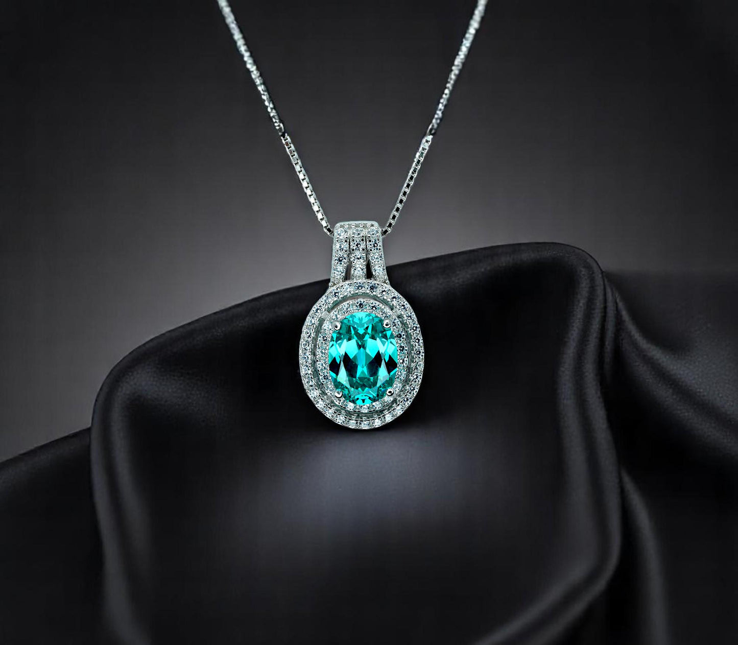 Green Paraiba Necklace - Double Halo - Paraiba Tourmaline Pendant - 18kgp @ Sterling Silver White Gold Oval Cut Paraiba Jewelry #516
