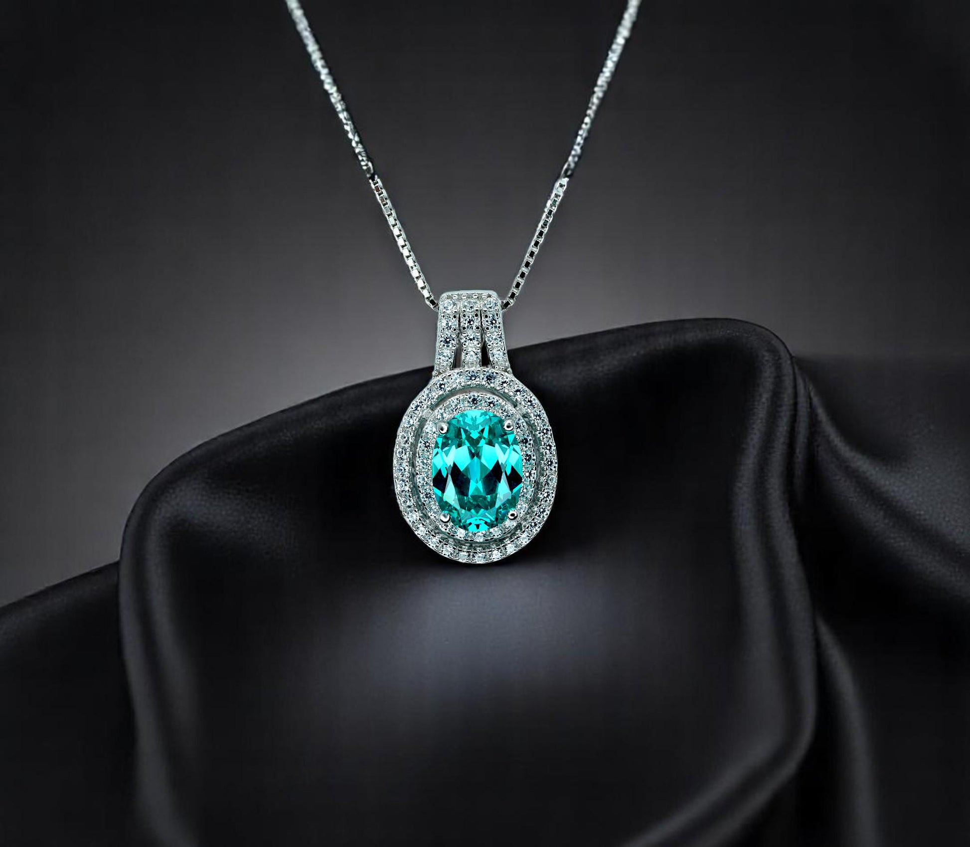 Green Paraiba Necklace - Double Halo - Paraiba Tourmaline Pendant - 18kgp @ Sterling Silver White Gold Oval Cut Paraiba Jewelry #516