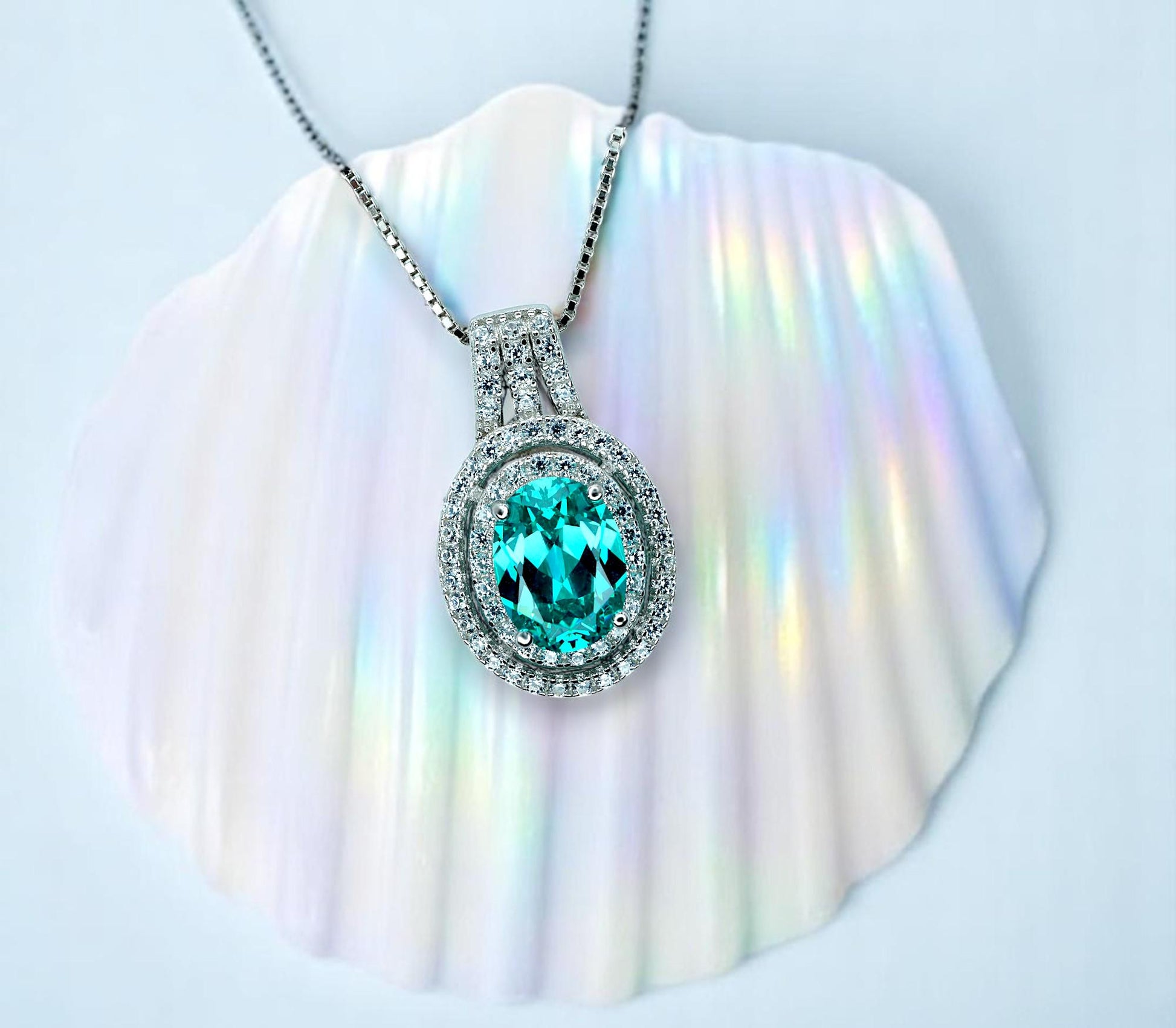 Green Paraiba Necklace - Double Halo - Paraiba Tourmaline Pendant - 18kgp @ Sterling Silver White Gold Oval Cut Paraiba Jewelry #516