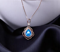 Deep Swiss Blue Topaz Necklace - Rose Gold Coated Sterling Silver Flower Teardrop Large 3ct blue topaz Pendant #1119
