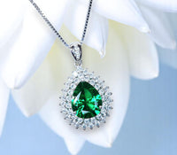 Double Halo Teardrop Emerald Necklace - 18KGP Sterling Silver - 2.75 CT Large Nano Green Emerald Pendant - Gemstone Pear Jewelry #681