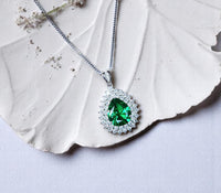 Double Halo Teardrop Emerald Necklace - 18KGP Sterling Silver - 2.75 CT Large Nano Green Emerald Pendant - Gemstone Pear Jewelry #681