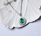 Double Halo Teardrop Emerald Necklace - 18KGP Sterling Silver - 2.75 CT Large Nano Green Emerald Pendant - Gemstone Pear Jewelry #681