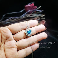 Blue Topaz Necklace - Double Halo Blue Heart Pendant, Ocean Heart Blue Topaz Jewelry - White Gold Sterling Silver #362
