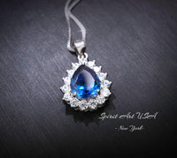 Teardrop Blue Sapphire Necklace Gemstone Halo 2.1 CT Sapphire Pendant Sterling Silver Pear Blue Gemstone Jewelry #394