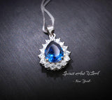 Teardrop Blue Sapphire Necklace Gemstone Halo 2.1 CT Sapphire Pendant Sterling Silver Pear Blue Gemstone Jewelry #394