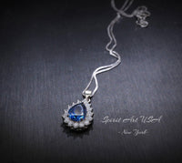 Teardrop Blue Sapphire Necklace Gemstone Halo 2.1 CT Sapphire Pendant Sterling Silver Pear Blue Gemstone Jewelry #394