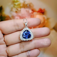 Large Trillion Tanzanite Necklace - Sterling Silver Solitaire Halo December Birthstone Triangle Lab Created Energic Tanzanite Pendant #774