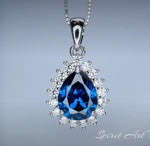 Teardrop Blue Sapphire Necklace Gemstone Halo 2.1 CT Sapphire Pendant Sterling Silver Pear Blue Gemstone Jewelry #394
