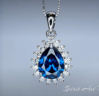Teardrop Blue Sapphire Necklace Gemstone Halo 2.1 CT Sapphire Pendant Sterling Silver Pear Blue Gemstone Jewelry #394
