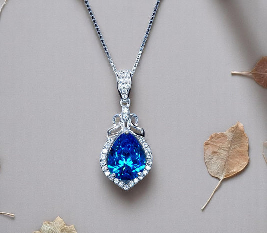 Blue sapphire necklace - 18kgp @ sterling silver - September Birthstone - Pear Cut Teardrop Blue Sapphire Pendant Adjustable Chain #315