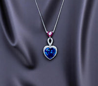 5 CT Blue Sapphire Necklace Sterling Silver Double Heart Pendant White Gold Coated September Birthstone Ruby Heart Jewelry#741