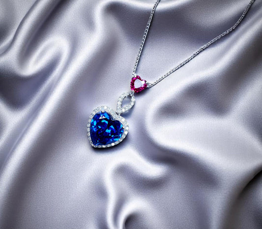 5 CT Blue Sapphire Double Heart Pendant Necklace – Sterling Silver, White Gold Coated – September Birthstone Gift for Her 741
