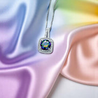 Mystic Topaz Pendant - 18KGP @ Sterling Silver - Gemstone Square Halo Solitaire - Royal Rainbow Topaz Jewelry #139