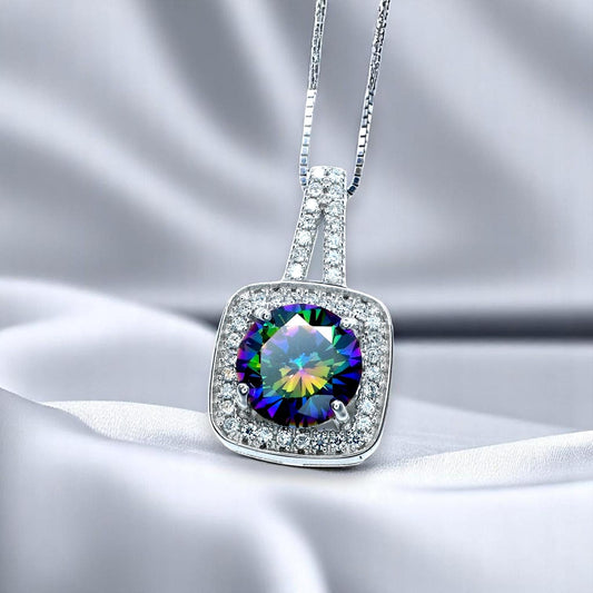 Mystic Topaz Pendant - 18KGP @ Sterling Silver - Gemstone Square Halo Solitaire - Royal Rainbow Topaz Jewelry #139
