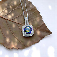 Mystic Topaz Pendant - 18KGP @ Sterling Silver - Gemstone Square Halo Solitaire - Royal Rainbow Topaz Jewelry #139