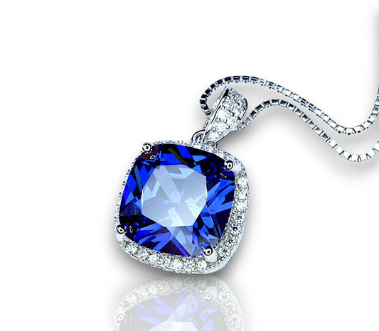 Large Tanzanite Necklace - 18KGP @ Sterling Silver - December Birthstone jewelry - Square Cushion Deep Blue 5CT Tanzanite #696