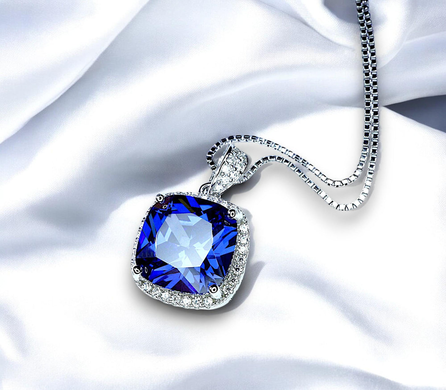 Large Tanzanite Necklace - 18KGP @ Sterling Silver - December Birthstone jewelry - Square Cushion Deep Blue 5CT Tanzanite #696