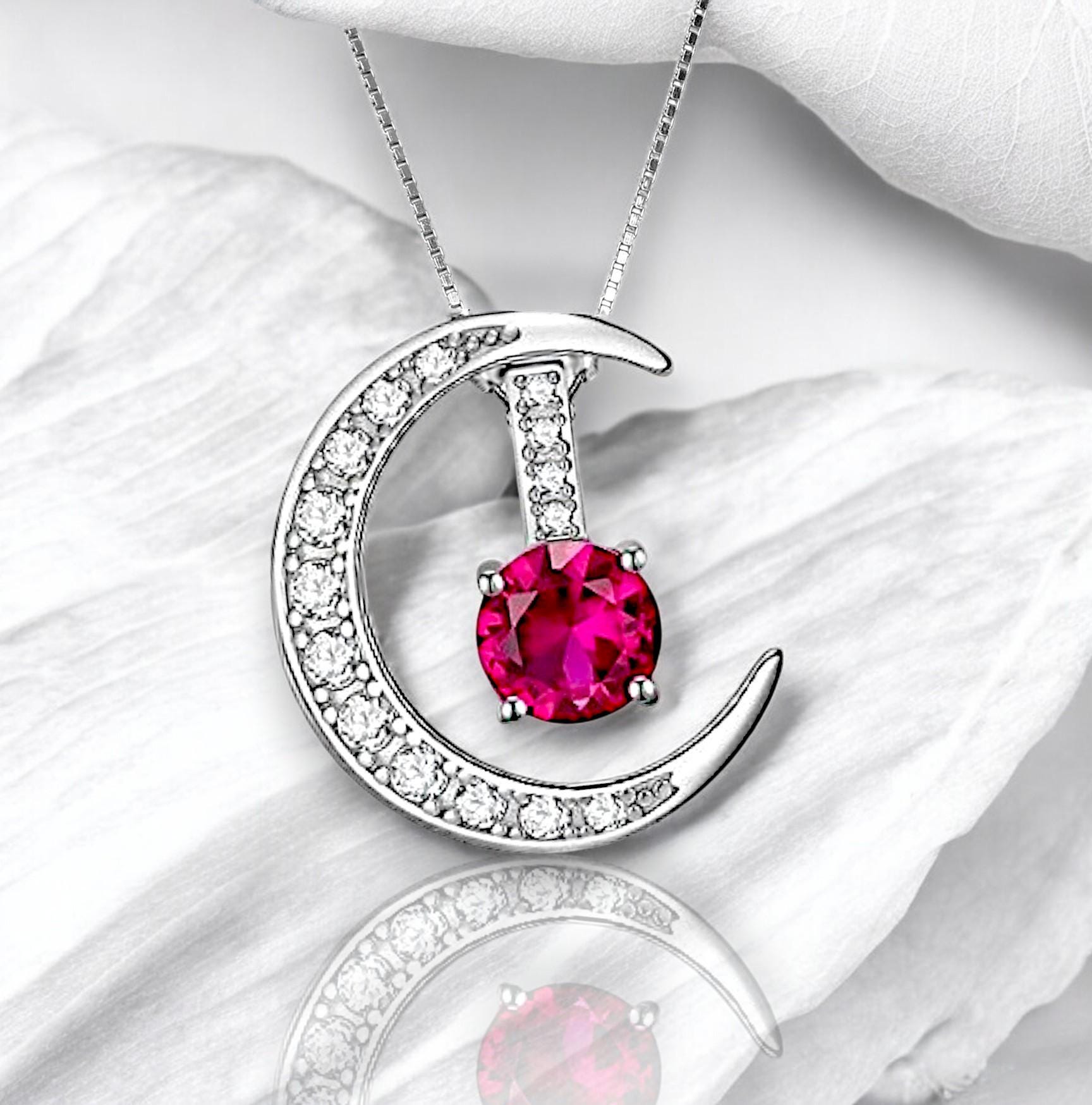 Crescent Moon Ruby Necklace full 925 Sterling Silver Two Pendant One Necklace July Birthstone chain #226