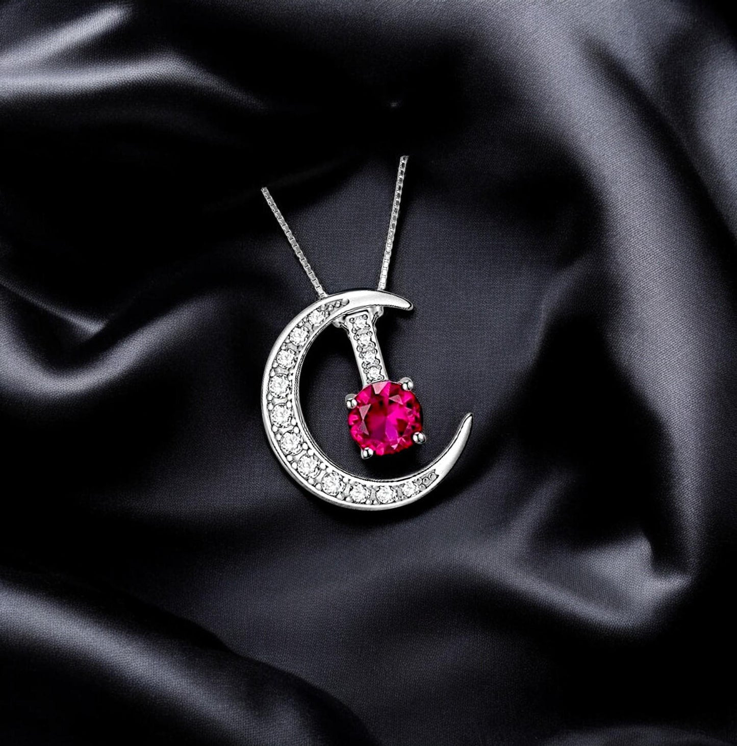 Crescent Moon Ruby Necklace full 925 Sterling Silver Two Pendant One Necklace July Birthstone chain #226