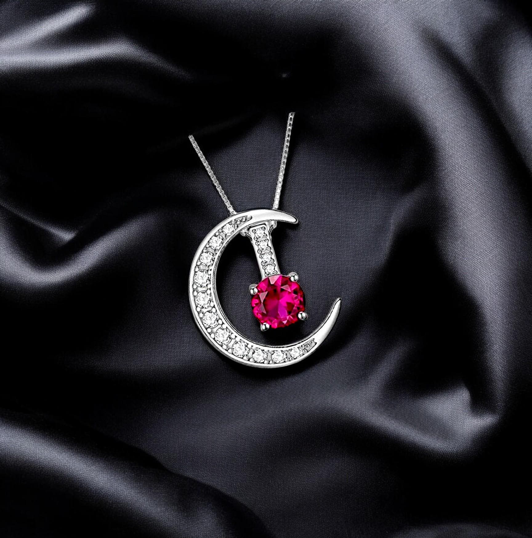 Crescent Moon Ruby Necklace full 925 Sterling Silver Two Pendant One Necklace July Birthstone chain #226