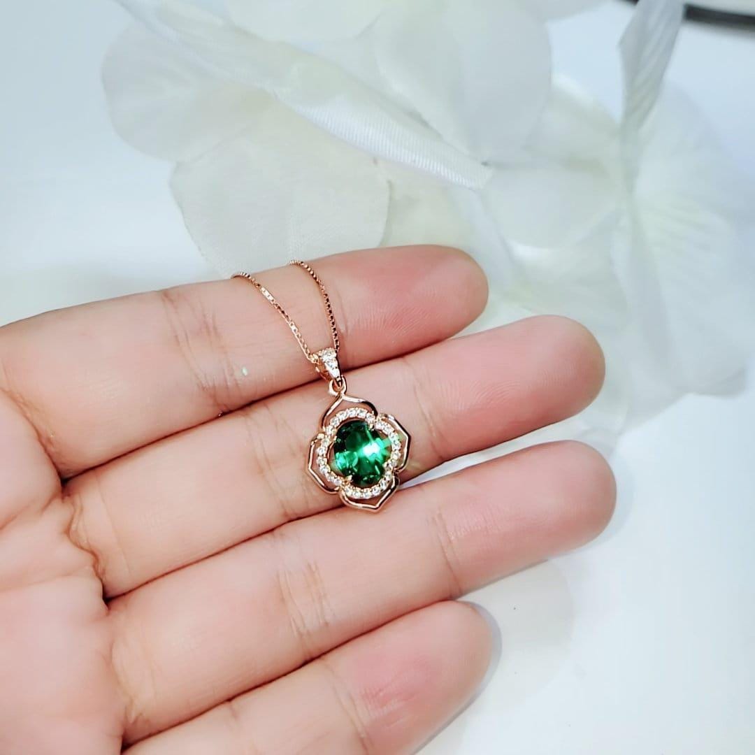 Tiny Emerald Necklace - Rose Gold or white gold 18kgp @ Sterling Silver - Flower of Life Style Green Gemstone pendant May Birthstone #121