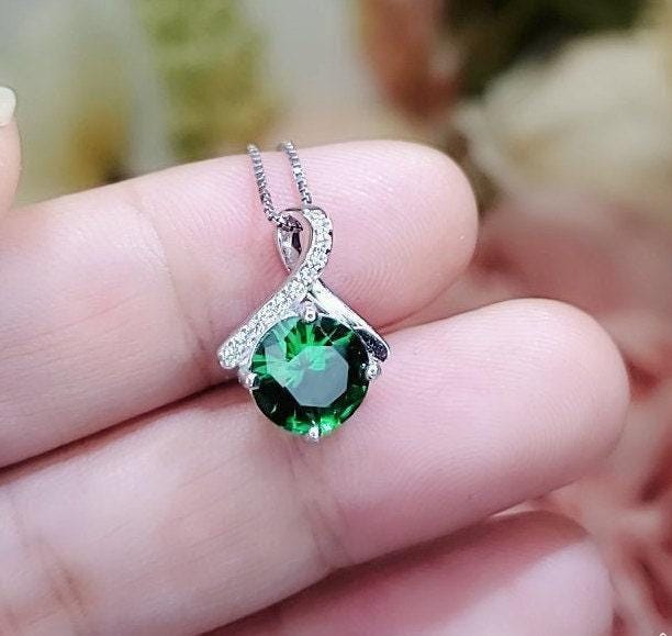 2 CT Emerald Necklace Simple Bowknot Green Emerald Pendant Sterling Silver White Gold plated Minimalist Green Gemstone #286
