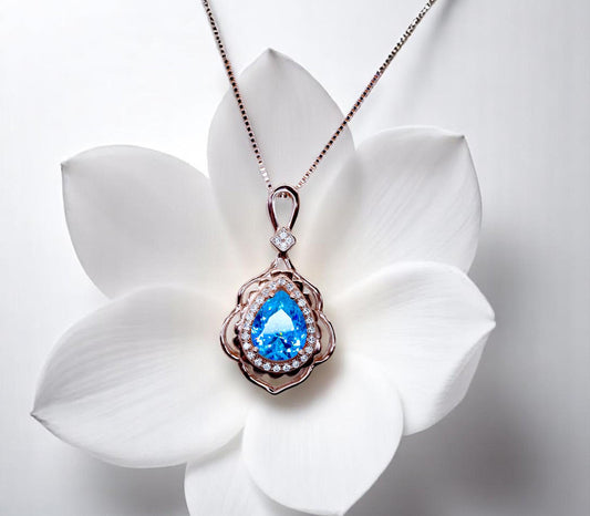 Deep Swiss Blue Topaz Necklace - Rose Gold Coated Sterling Silver Flower Teardrop Large 3ct blue topaz Pendant #1119