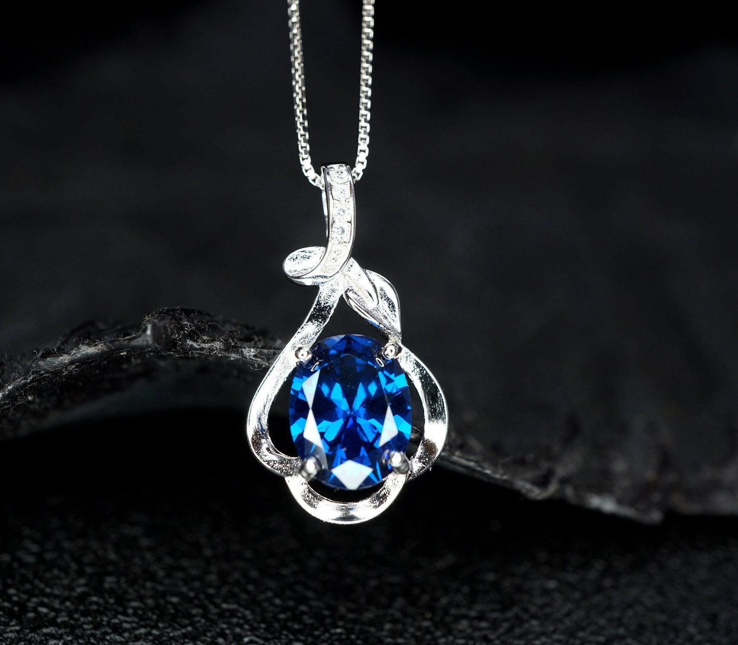 Tiny Blue Sapphire Necklace Sterling Silver Flower White Gold Plated Petal 1.5 CT Blue Gemstone Pendant September Birthstone #161
