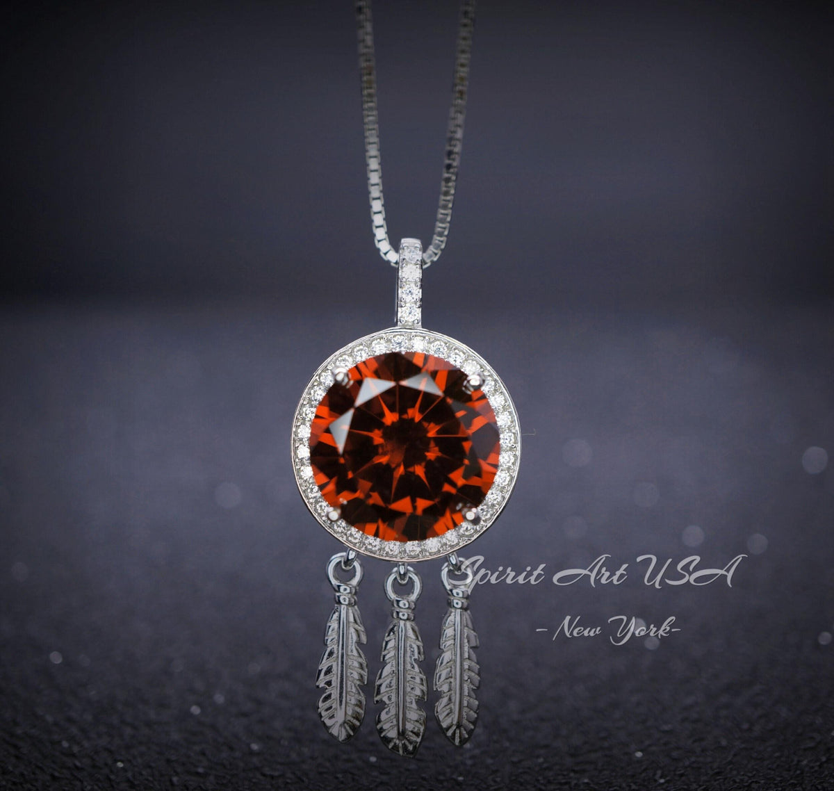 Large Spessartite Garnet Necklace - Dream Catcher Pendant - 18kgp @ Sterling Silver - Red Orange Garnet Jewelry #691