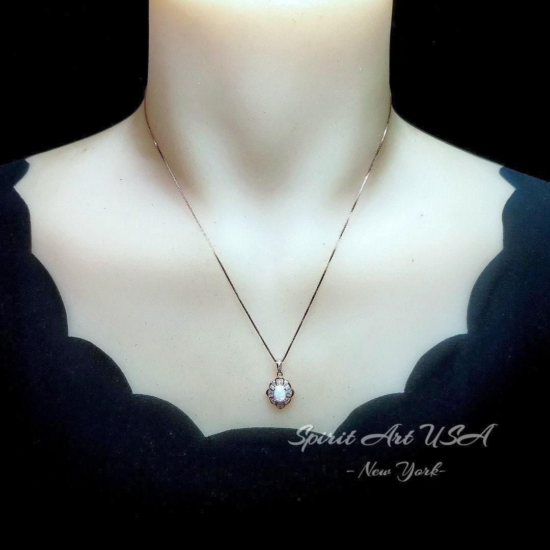 Opal Necklace - Tiny White Opal Rose gold 18KGP @ Sterling Silver - Small Gemstone flower style Opal Jewelry #308