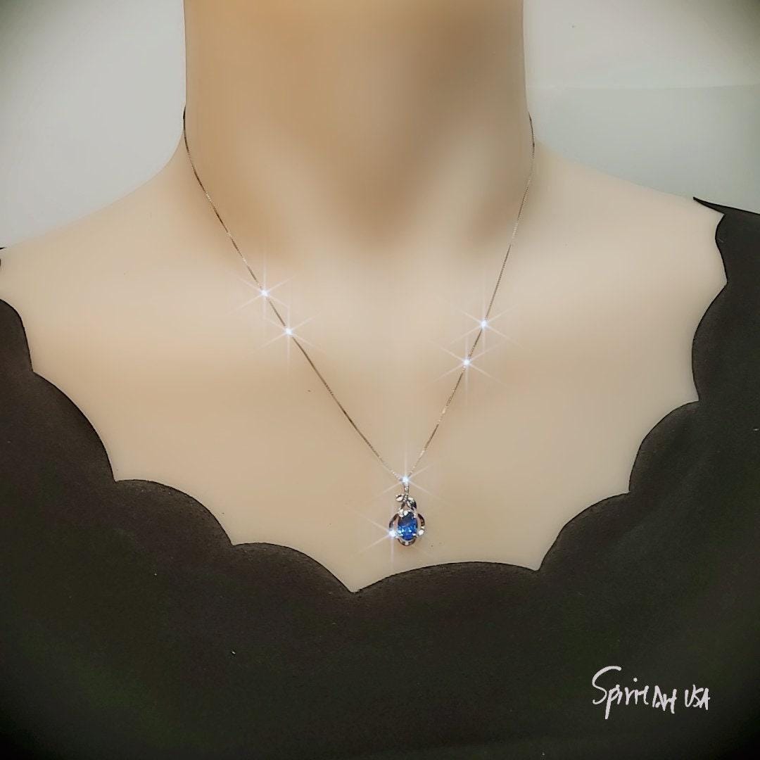 Tiny Blue Sapphire Necklace Sterling Silver Flower White Gold Plated Petal 1.5 CT Blue Gemstone Pendant September Birthstone #161