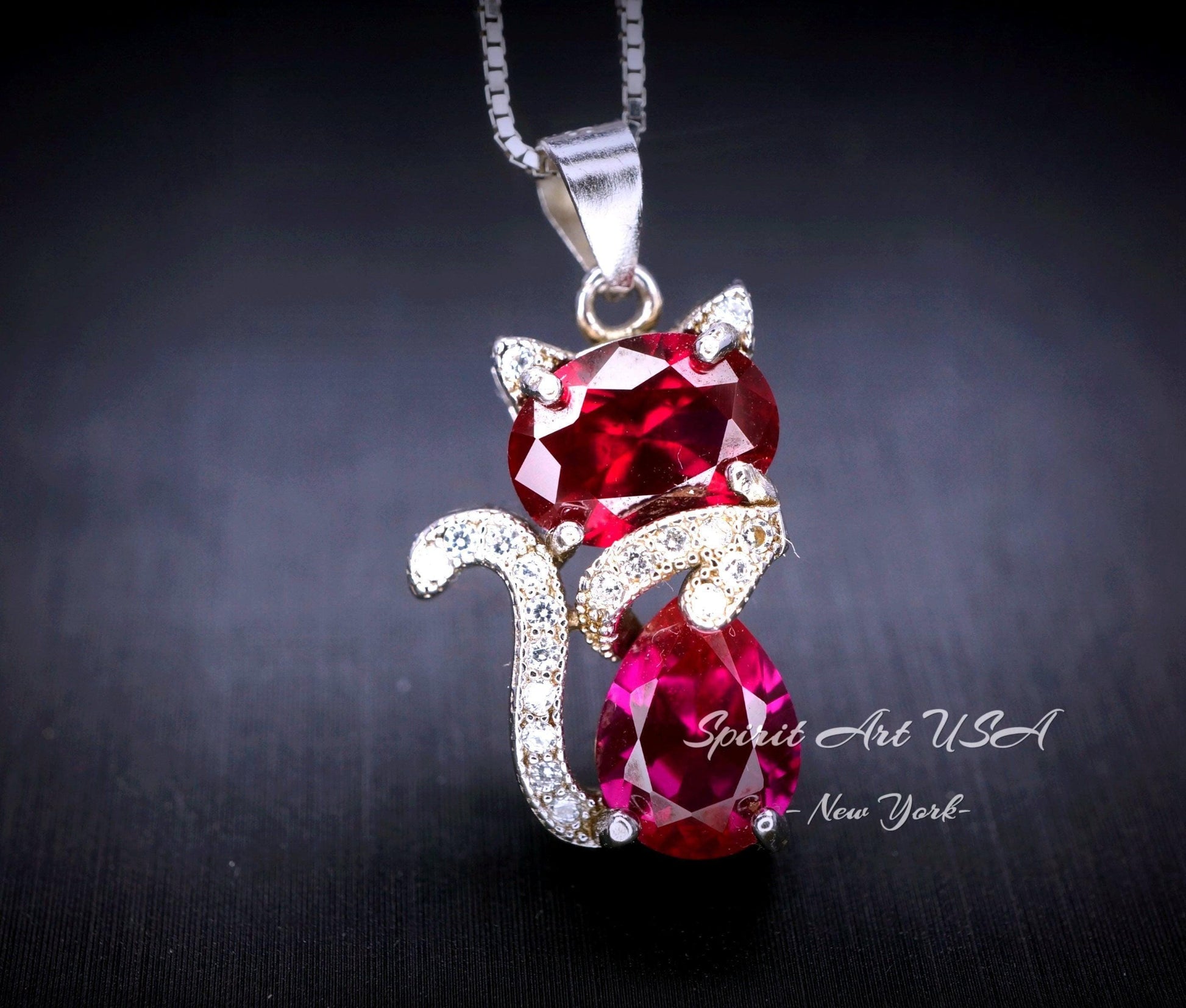 Ruby Necklace Sterling Silver Cat 1.5 Ct Kitty Sim Gemstone Red Pendant 18kgp July Birthstone Pet Lover Jewelry #211