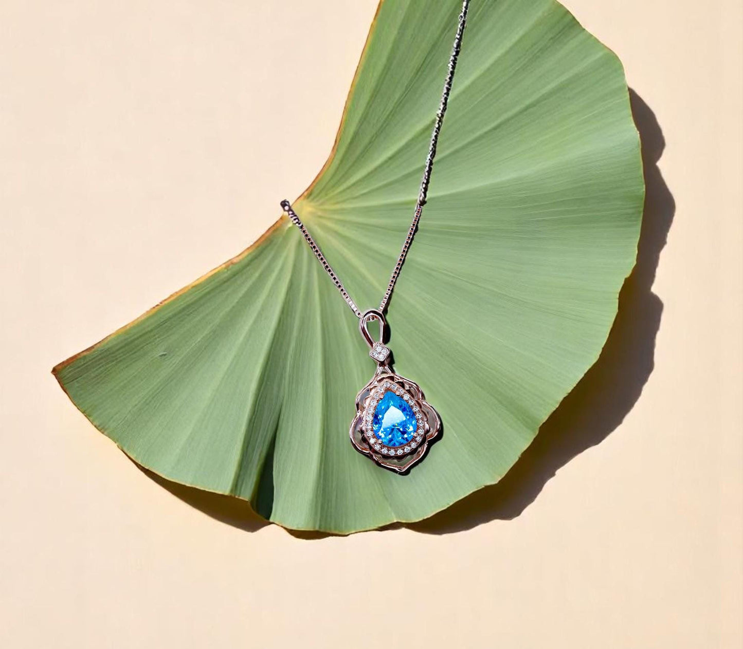 Deep Swiss Blue Topaz Necklace - Rose Gold Coated Sterling Silver Flower Teardrop Large 3ct blue topaz Pendant #1119