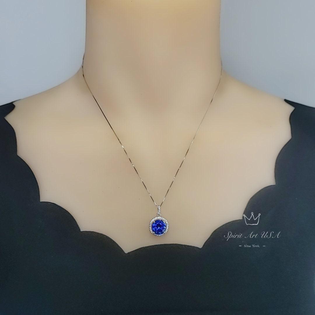 Large 10mm Tanzanite Necklace - Full Sterling Silver Solitaire Round Lab Created Energic Tanzanite Pendant December Birthstone #502
