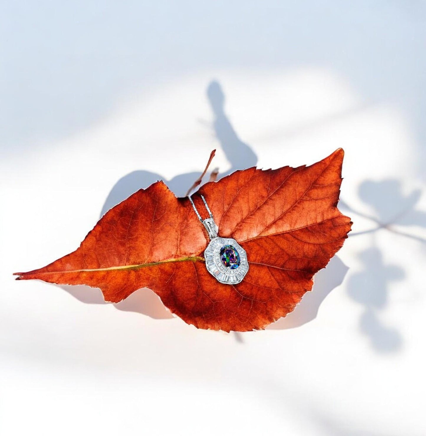 Lotus leaf Mystic Topaz Necklace Sterling Silver Flower Petal Pendant White Gold plated oval rainbow gemstone 16"~20 adjustable chain #422