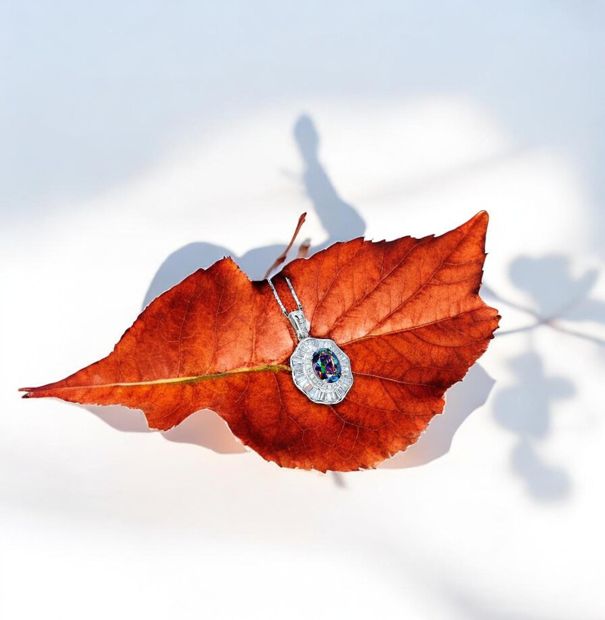 Lotus leaf Mystic Topaz Necklace Sterling Silver Flower Petal Pendant White Gold plated oval rainbow gemstone 16"~20 adjustable chain #422