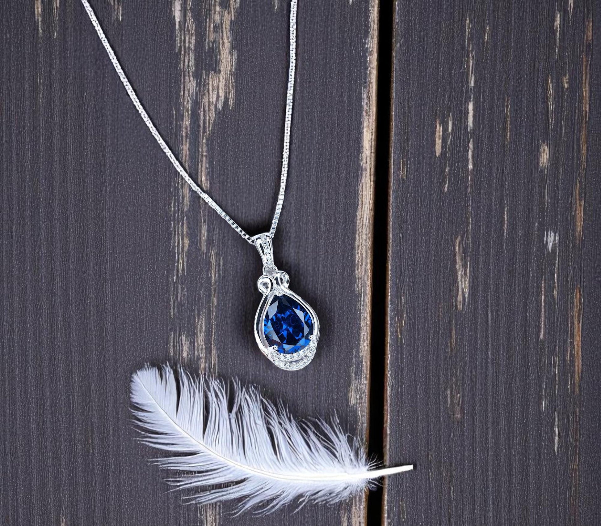 Blue Sapphire Necklace - Teardrop Gemstone White Gold Sterling silver 2.8 CT Sapphire Pendant - Large Bridal Jewelry #487