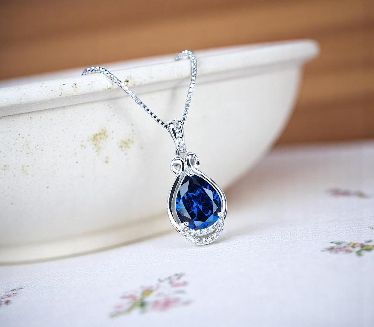 Blue Sapphire Necklace - Teardrop Gemstone White Gold Sterling silver 2.8 CT Sapphire Pendant - Large Bridal Jewelry #487