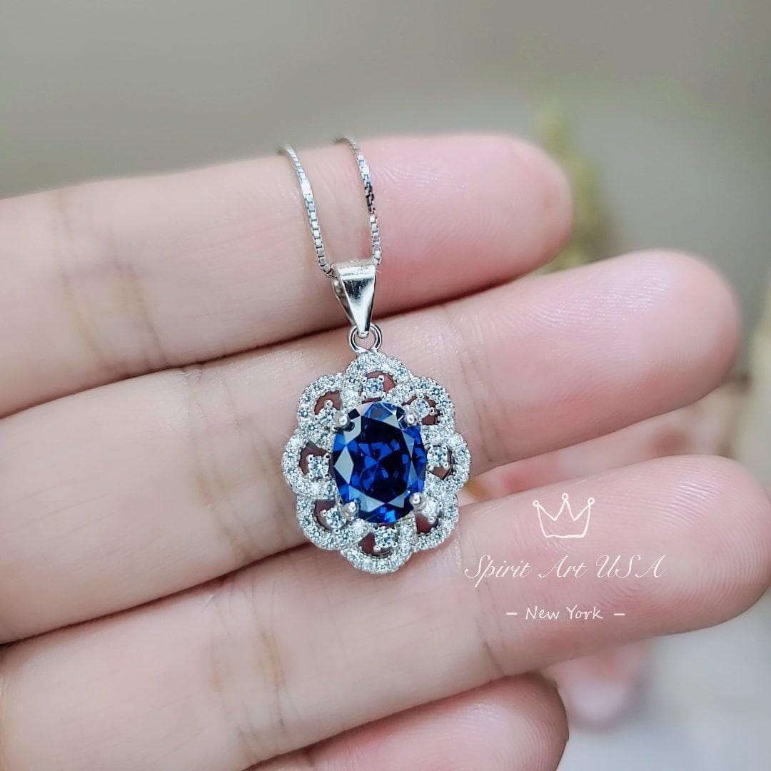 Royal Blue Sapphire Necklace - Gemstone Flower 2.1 CT Blue Sapphire Pendant - Blue Gemstone Jewelry #488