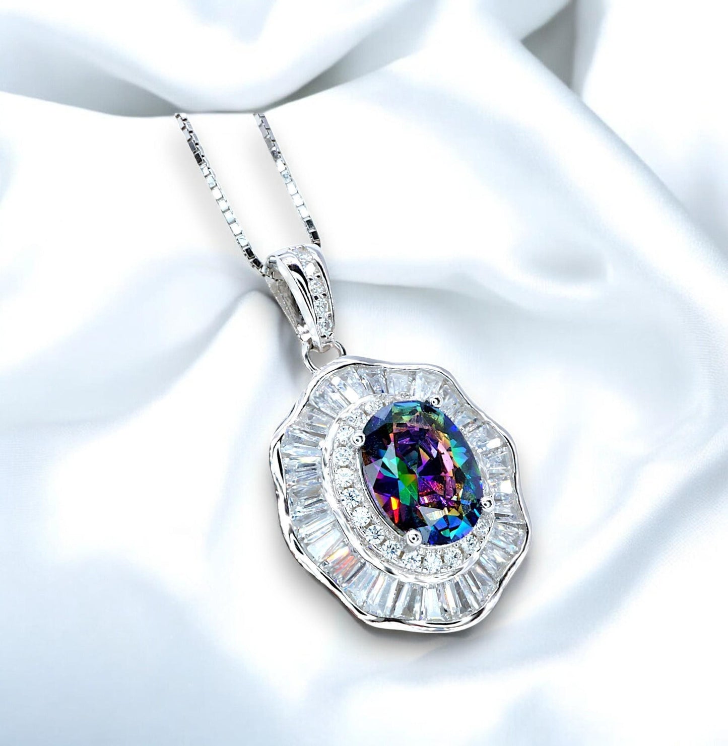 Lotus leaf Mystic Topaz Necklace Sterling Silver Flower Petal Pendant White Gold plated oval rainbow gemstone 16"~20 adjustable chain #422